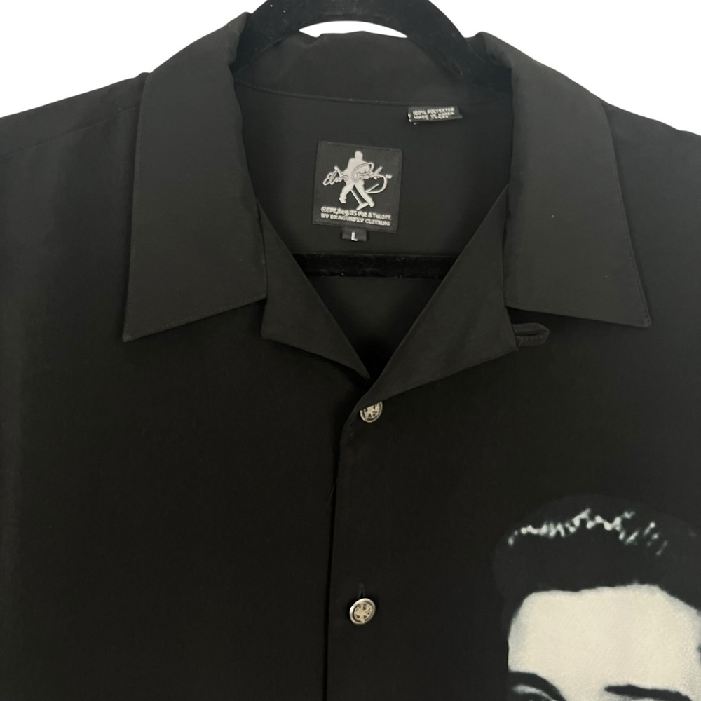 Elvis Presley Black Hawaiian Lei Button Down Shirt w/ Embroidered Signature LG - Picture 3 of 9